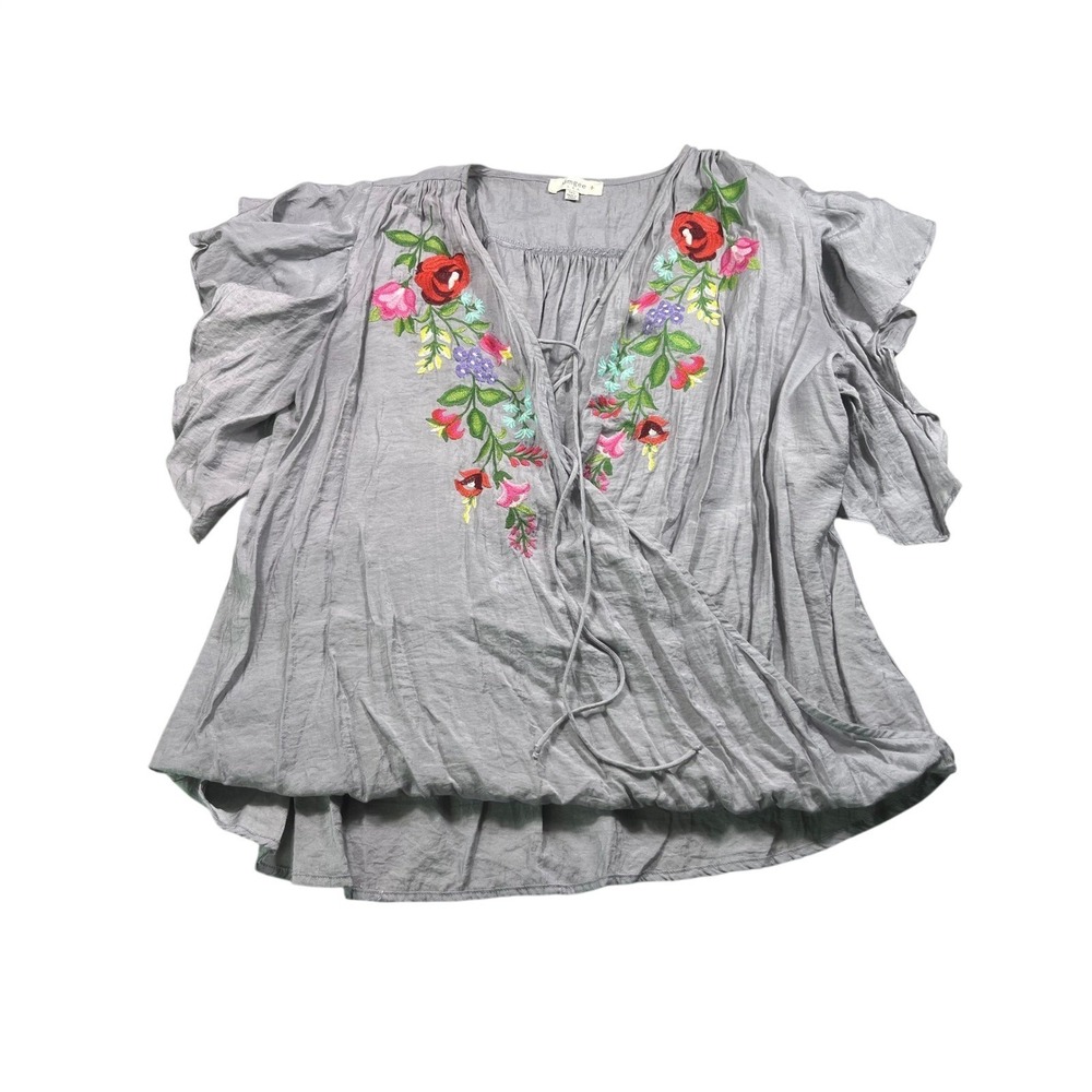 Umgee XL Gray Floral Embroidered Blouse Boho Peasant Top 100% Rayon